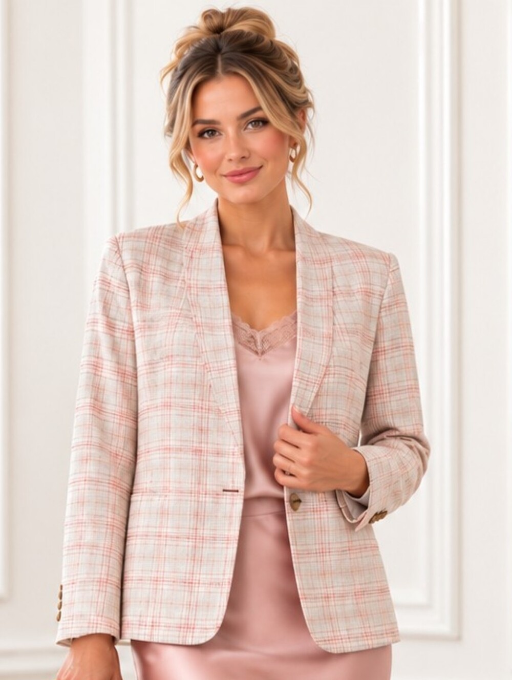 Ann Taylor Blush Plaid Shawl-Lapel Blazer